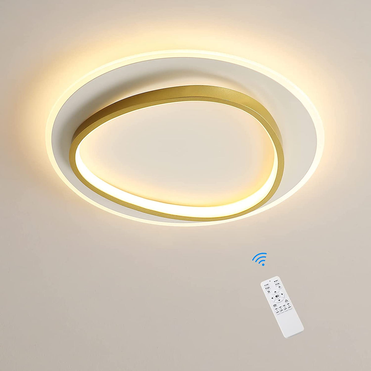 Moderna plafoniera a LED, lampada da soffitto a LED dimmerabile 32W 2700-6500K con telecomando, illuminazione a soffitto rotonda a semi-incasso per camera da letto, soggiorno, ufficio, sala studio (Ø40CM, Bianco e Oro) 