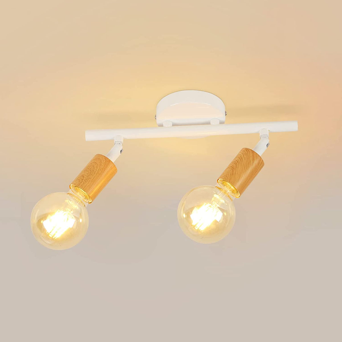 Plafoniera LED 2 Faretti Orientabili, Plafoniera LED Bianca Legno, Illuminazione da Soffitto per Interni per Cucina, Soggiorno, Camera da Letto, Corridoio, Senza Lampadine, Max 60W