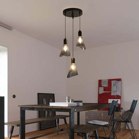 Lampada a sospensione industriale, plafoniera vintage nera, lampadario con paralume in PVC per camera da letto, soggiorno, ristorante, bar, 3 luci E14 (senza lampadina) 