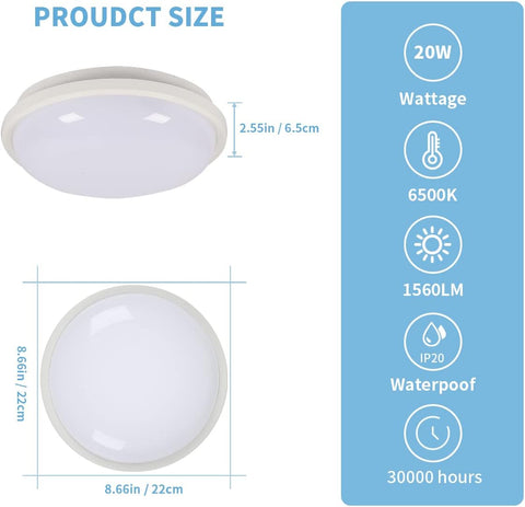 Plafoniera LED Rotonda, Lampada da Soffitto per Bagno, IP54 Impermeabile 6500K Bianco Freddo, Plafoniera Moderna per Bagno Camera da Letto Cucina Soggiorno Balcone 20W Diametro 22cm 