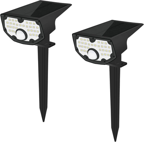 Lampada solare da esterno, Lampada solare da giardino con sensore di movimento, Confezione da 2, 30 LED Bianco freddo 6100-6800K 650LM Faretto solare da esterno IP67 Illuminazione impermeabile 3 modalità, per cortile, vialetto, percorso