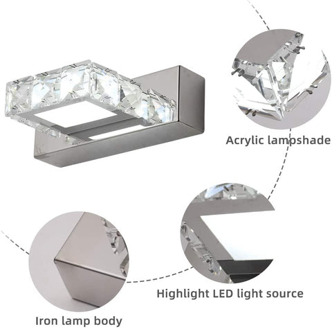 Lampada da Parete Fari Specchio di Cristallo LED 3W 5500k Lampada Acrilica in Acciaio Inossidabile IP44 Impermeabile e Antiappannamento (Argento), 16x5cm