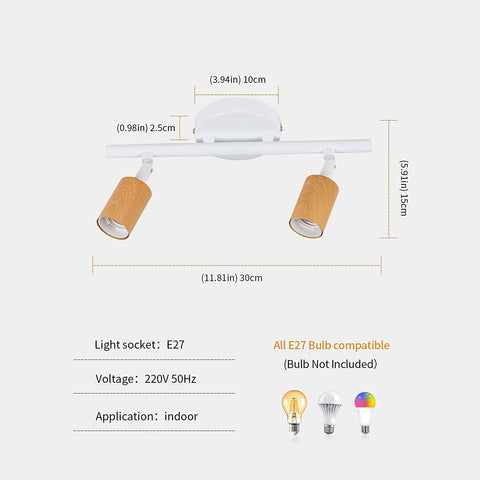 Plafoniera LED 2 Faretti Orientabili, Plafoniera LED Bianca Legno, Illuminazione da Soffitto per Interni per Cucina, Soggiorno, Camera da Letto, Corridoio, Senza Lampadine, Max 60W