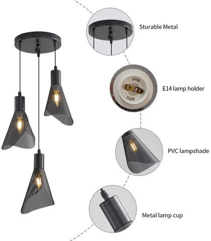 Lampada a sospensione industriale, plafoniera vintage nera, lampadario con paralume in PVC per camera da letto, soggiorno, ristorante, bar, 3 luci E14 (senza lampadina) 