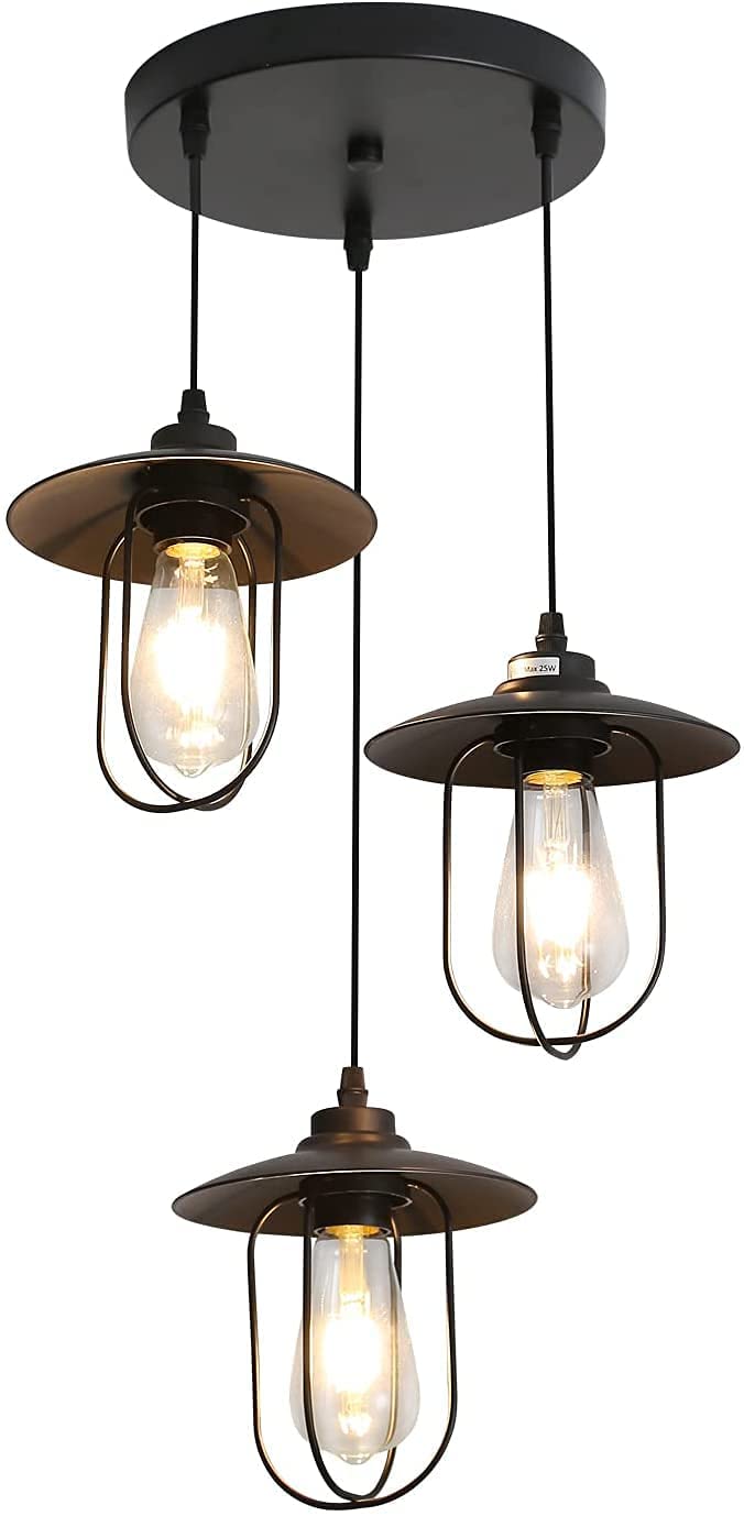 Lampadario Industriale, Lampadario Vintage a 3 Fiamme dal Design Industriale, Lampadario retrò con 3 Gabbie Metalliche, Colore: Nero, Attacco: E27, 3 Luci