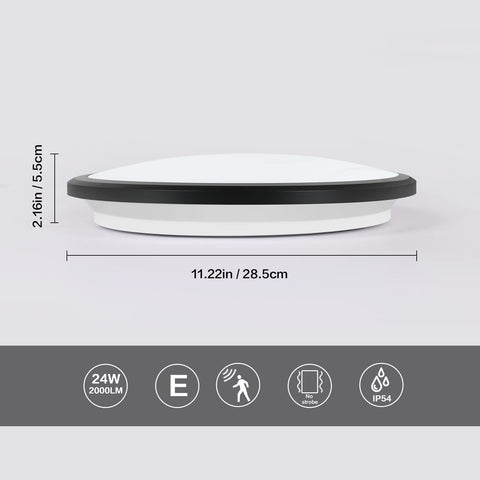 Plafoniera LED, Plafoniera Moderna Rotonda 24W, Plafoniera Nera con Sensore di Movimento, IP54 Impermeabile, Antipolvere, Lampada LED da Interno per Bagno, Balcone, Corridoio, Ingresso, 6000K