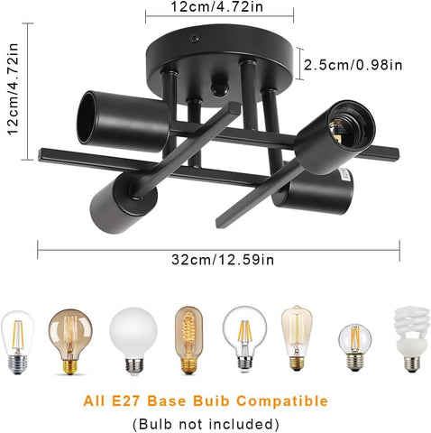 Plafoniera vintage E27 Base 4 lampade Lampada da soffitto per soggiorno camera da letto sala da pranzo ufficio nero 