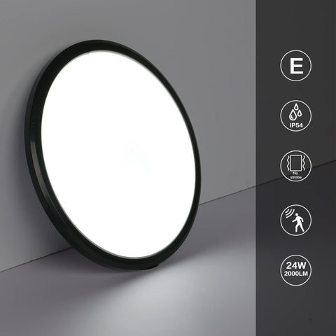 Plafoniera LED, Plafoniera Moderna Rotonda 24W, Plafoniera Nera con Sensore di Movimento, IP54 Impermeabile, Antipolvere, Lampada LED da Interno per Bagno, Balcone, Corridoio, Ingresso, 6000K