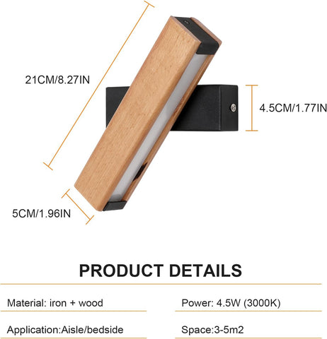 Lampada da parete a LED in legno moderna girevole lampada da parete rettangolare bianco freddo 6000K 4,5W per camera da letto, soggiorno, corridoio, ingresso 