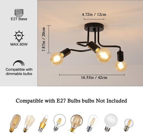 Plafoniera industriale E27 Base 3 Lampada Lampada da soffitto per soggiorno Camera da letto Sala da pranzo Ufficio Nero