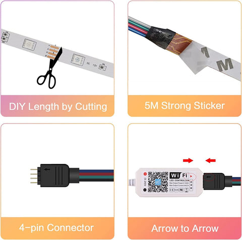 Striscia LED WiFi intelligente 5m Controllo app 5050 RGB, Striscia luminosa flessibile multicolore impermeabile IP65 con telecomando per cucina domestica Televisione Camera da letto Decorazione festiva per feste 