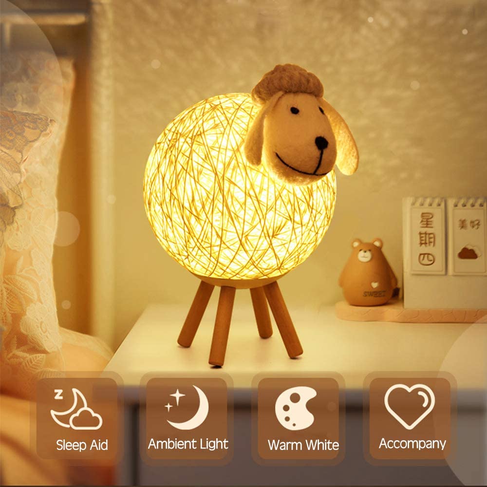 Mouton Lampe de Chevet en Rotin, Veilleuse Enfant Projecteur, Lampe Nuit LED