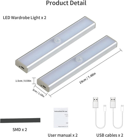 Lampada LED per Armadietto, 10 LED, Luce Bianca 6500K, Sensore di Movimento, Lampada Ricaricabile per Armadietto con Striscia Magnetica Autoadesiva, Adatta per Cucina, Scale, Corridoio (2 Pezzi) 