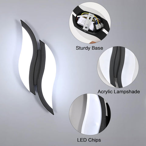 Lampada da parete a LED per interni, lampada da parete moderna 12W 2300LM, lampada da parete con illuminazione in acrilico per soggiorno camera da letto scale 6500K luce bianca fredda colore nero 
