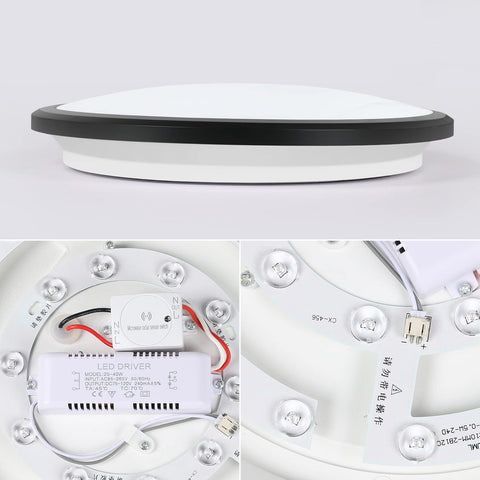 Plafoniera LED, Plafoniera Moderna Rotonda 24W, Plafoniera Nera con Sensore di Movimento, IP54 Impermeabile, Antipolvere, Lampada LED da Interno per Bagno, Balcone, Corridoio, Ingresso, 6000K