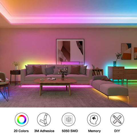 Striscia LED da 5M, Striscia LED RGB 5050 12V per camera da letto, 20 colori dimmerabili, Striscia LED multicolore IP20 Adesivo 3M aggiornato con telecomando a 24 pulsanti per decorazioni interne, feste e Natale