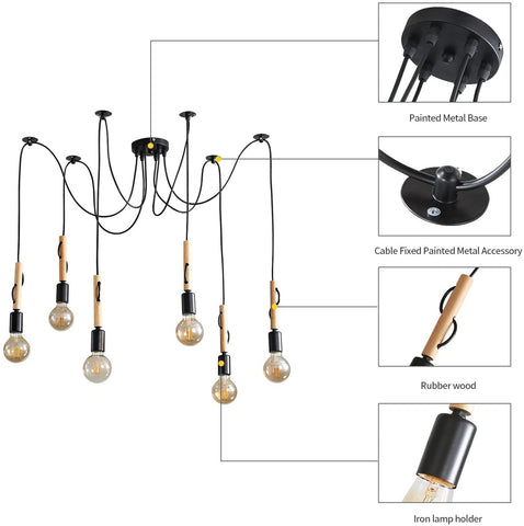 Lampada a sospensione industriale Lampadario in legno regolabile a 6 teste Plafoniera industriale vintage E27 con cavo da 1,8 m per sala da pranzo, soggiorno, bar, ristorante