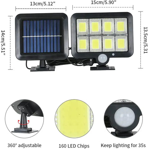 Lampada Solare da Esterno, Luce Solare con Sensore di Movimento, Lampada di Sicurezza con Cavo da 5 M Impermeabile IP65, 160 LED 3 Modalità, per Capannone Garage Giardino Balcone