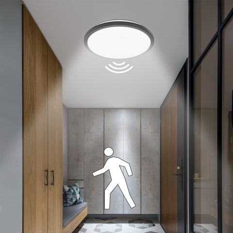Plafoniera LED, Plafoniera Moderna Rotonda 24W, Plafoniera Nera con Sensore di Movimento, IP54 Impermeabile, Antipolvere, Lampada LED da Interno per Bagno, Balcone, Corridoio, Ingresso, 6000K