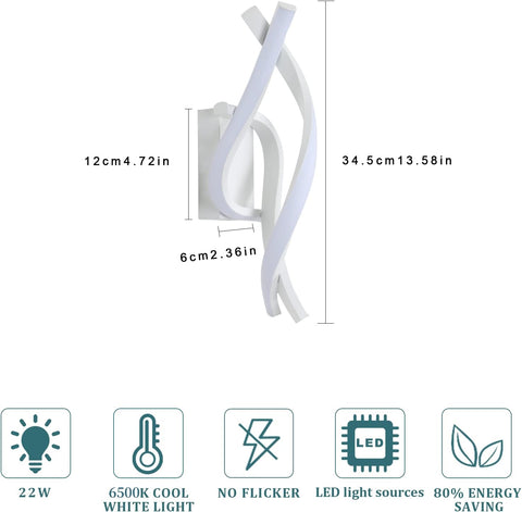 Lampada da parete moderna a LED a forma di spirale bianco freddo 6000K per camera da letto, soggiorno, corridoio, ingresso