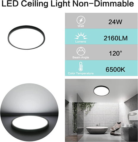 Plafoniera LED ultra sottile da 24 W, rotonda, nera, bianco freddo 6500 K, 2160 lm, IP50, Ø30 cm, per camera da letto, soggiorno, corridoio, balcone, bagno, ufficio