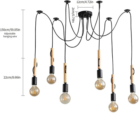 Lampada a sospensione industriale Lampadario in legno regolabile a 6 teste Plafoniera industriale vintage E27 con cavo da 1,8 m per sala da pranzo, soggiorno, bar, ristorante