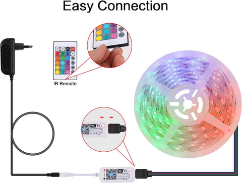Striscia LED WiFi intelligente 5m Controllo app 5050 RGB, Striscia luminosa flessibile multicolore impermeabile IP65 con telecomando per cucina domestica Televisione Camera da letto Decorazione festiva per feste 