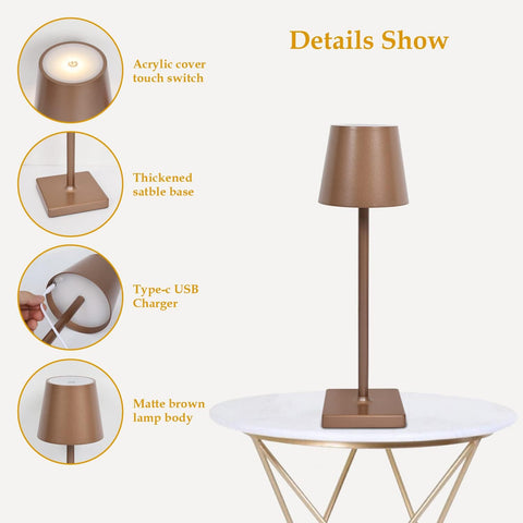 Lampada da tavolo Lampada da comodino moderna ricaricabile tramite USB portatile Dimmerabile Touch Controllo della luminosità per Sala da pranzo Camera da letto Campeggio Balcone Esterno Marrone