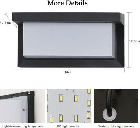 Lampada da parete per esterno 16W, lampada da parete a LED impermeabile IP65, applique da esterno quadrata impermeabile per balcone giardino terrazza, bianco freddo 6500K, nero