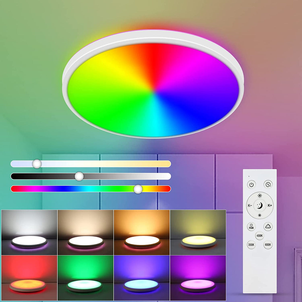 Plafoniera a LED dimmerabile, lampada da soffitto moderna RGB da 24 W, apparecchio di illuminazione impermeabile con retroilluminazione a 6 colori