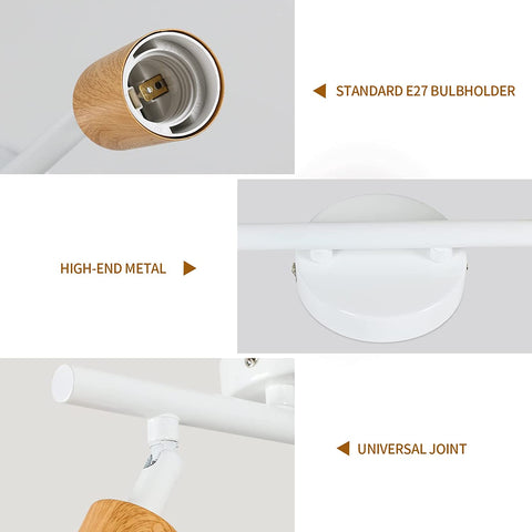 Plafoniera LED 2 Faretti Orientabili, Plafoniera LED Bianca Legno, Illuminazione da Soffitto per Interni per Cucina, Soggiorno, Camera da Letto, Corridoio, Senza Lampadine, Max 60W