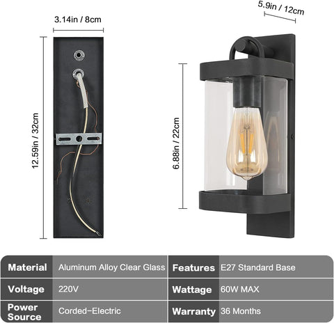 Lampada da parete per esterni, Lampada da parete per esterni industriale E27 Paralume in vetro trasparente IP54, Lampada da parete retrò Lampada da parete per soggiorno, corridoio, scale (senza lampadina) 