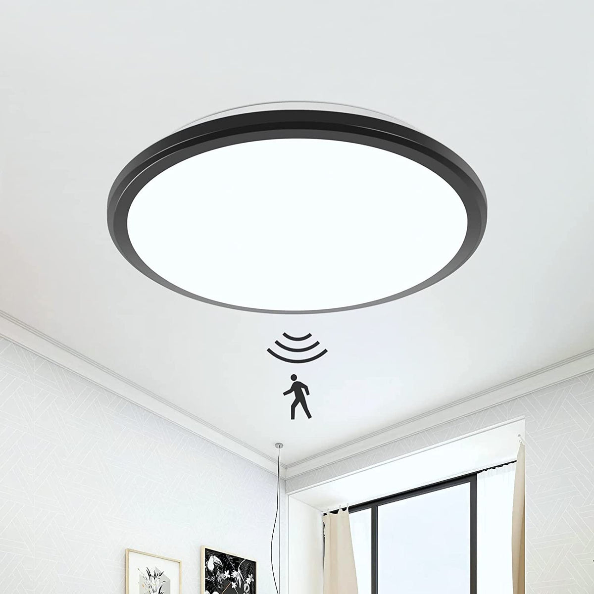 Plafoniera LED, Plafoniera Moderna Rotonda 24W, Plafoniera Nera con Sensore di Movimento, IP54 Impermeabile, Antipolvere, Lampada LED da Interno per Bagno, Balcone, Corridoio, Ingresso, 6000K