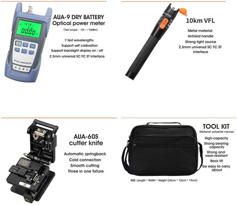 Strumenti per fibra FTTH da 16 pezzi/kit con fotometro per fibra ottica, mannaia per fibra ottica AUA-60S, localizzatore visivo di guasti da 10 km