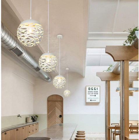 Lampada a sospensione traforata Testa lustre Lampada semplice intagliata in ferro battuto per sala da pranzo (Bianco, 20 cm)