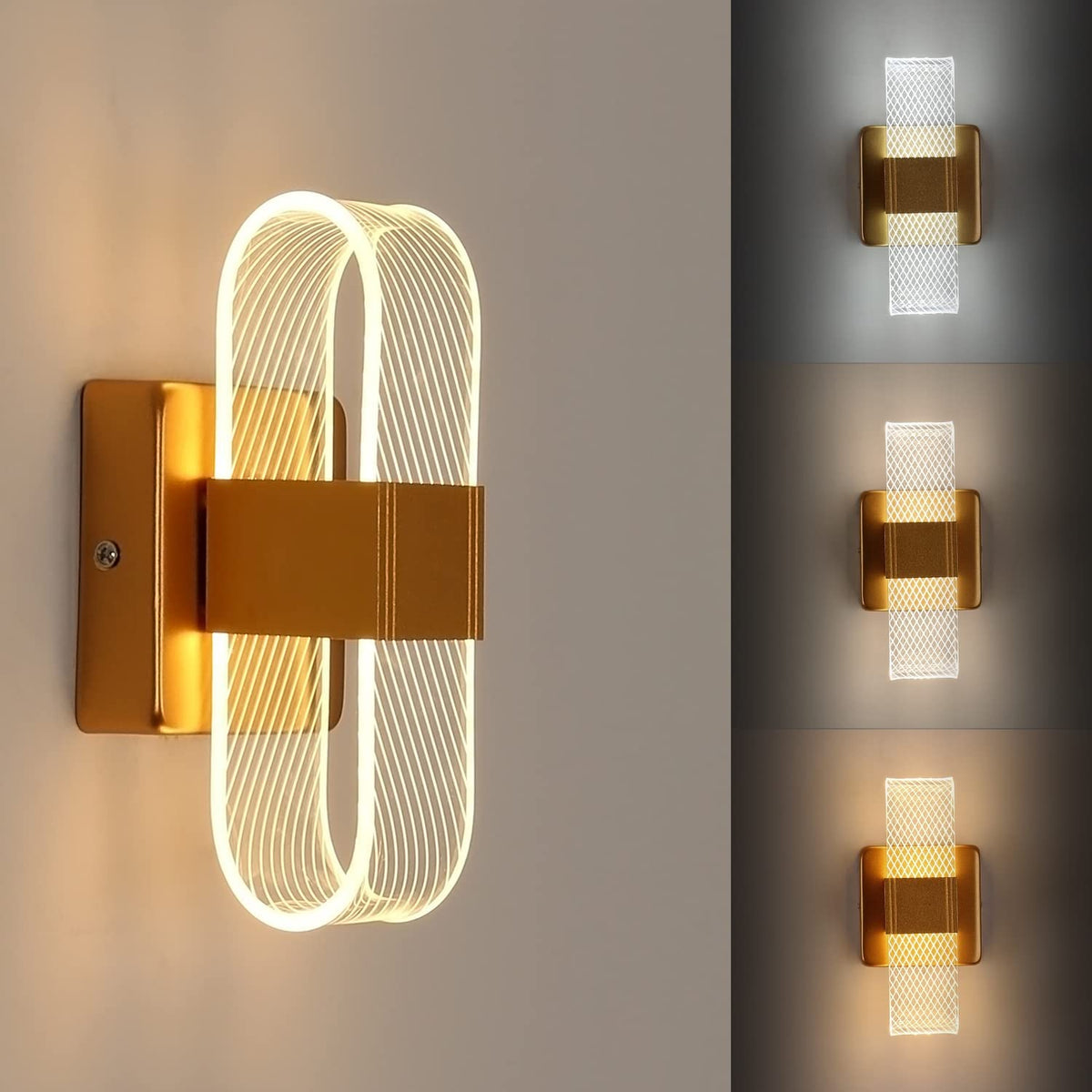 Lampada da parete per interni a LED dimmerabile 12W, lampada da parete dal design moderno e romantico in acrilico, lampada da comodino con luce 3000K-6000K per camera da letto, soggiorno, corridoio (Oro)