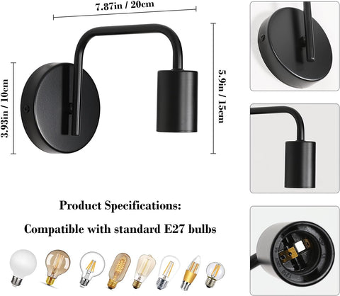Lampada da parete vintage da 2 pezzi Lampada da parete vintage E27 Base per ingresso corridoio camera da letto nera