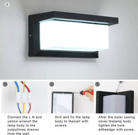Lampada da parete per esterno 16W, lampada da parete a LED impermeabile IP65, applique da esterno quadrata impermeabile per balcone giardino terrazza, bianco freddo 6500K, nero