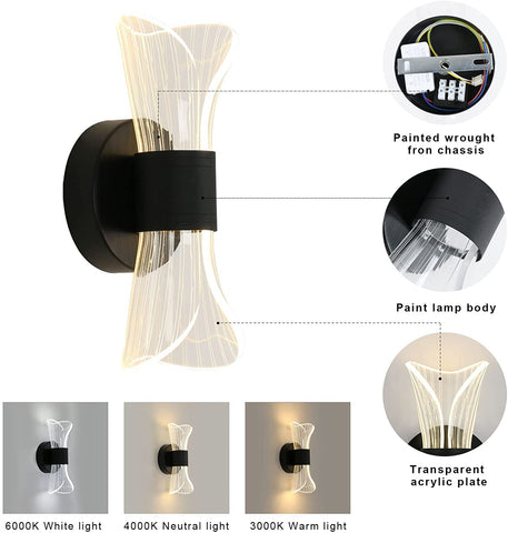Lampada da parete a LED per interni dimmerabile, lampada da parete moderna a LED da 12 W Design creativo, lampada da parete con illuminazione in acrilico per soggiorno, corridoio, camera da letto, scale, nero