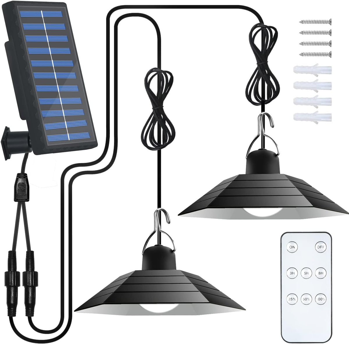 Lampada solare per interni ed esterni, lampadario solare dimmerabile con 2 lampade, 3 luminosità, impermeabile, sospensione telecomandata per giardino, garage, balcone, corridoio