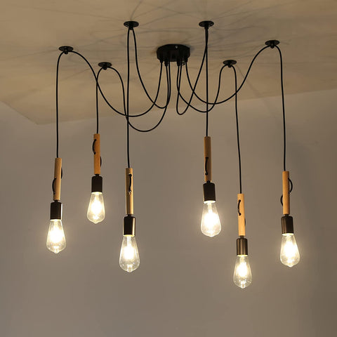 Lampada a sospensione industriale Lampadario in legno regolabile a 6 teste Plafoniera industriale vintage E27 con cavo da 1,8 m per sala da pranzo, soggiorno, bar, ristorante