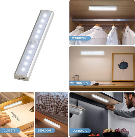 Lampada LED per Armadietto, 10 LED, Luce Bianca 6500K, Sensore di Movimento, Lampada Ricaricabile per Armadietto con Striscia Magnetica Autoadesiva, Adatta per Cucina, Scale, Corridoio (2 Pezzi) 
