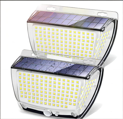 Lampada da parete solare da esterno, 2 pezzi, con sensore di movimento, 160 LED, bianco freddo 6000 K, per cortile, giardino, corridoio, terrazza, vicino al muro, patio, villa 