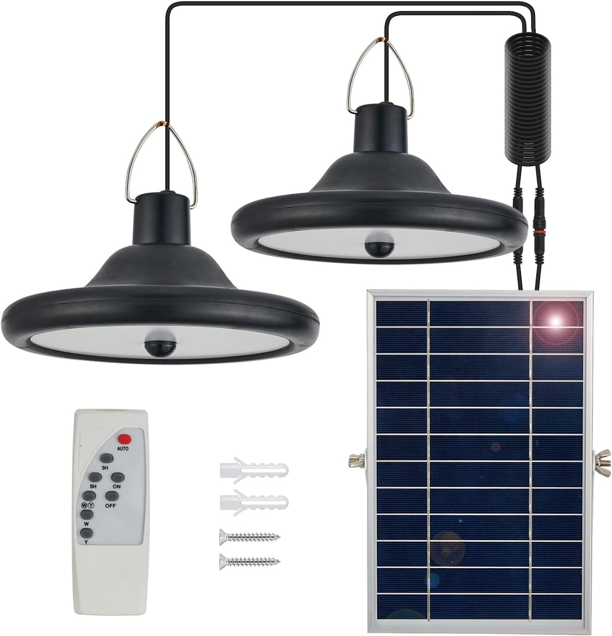 Luce solare per interni ed esterni, lampada a sospensione solare a doppia testa con sensore di movimento e telecomando, cavo impermeabile IP65 da 5 m per giardino, patio, balcone, garage, fienile