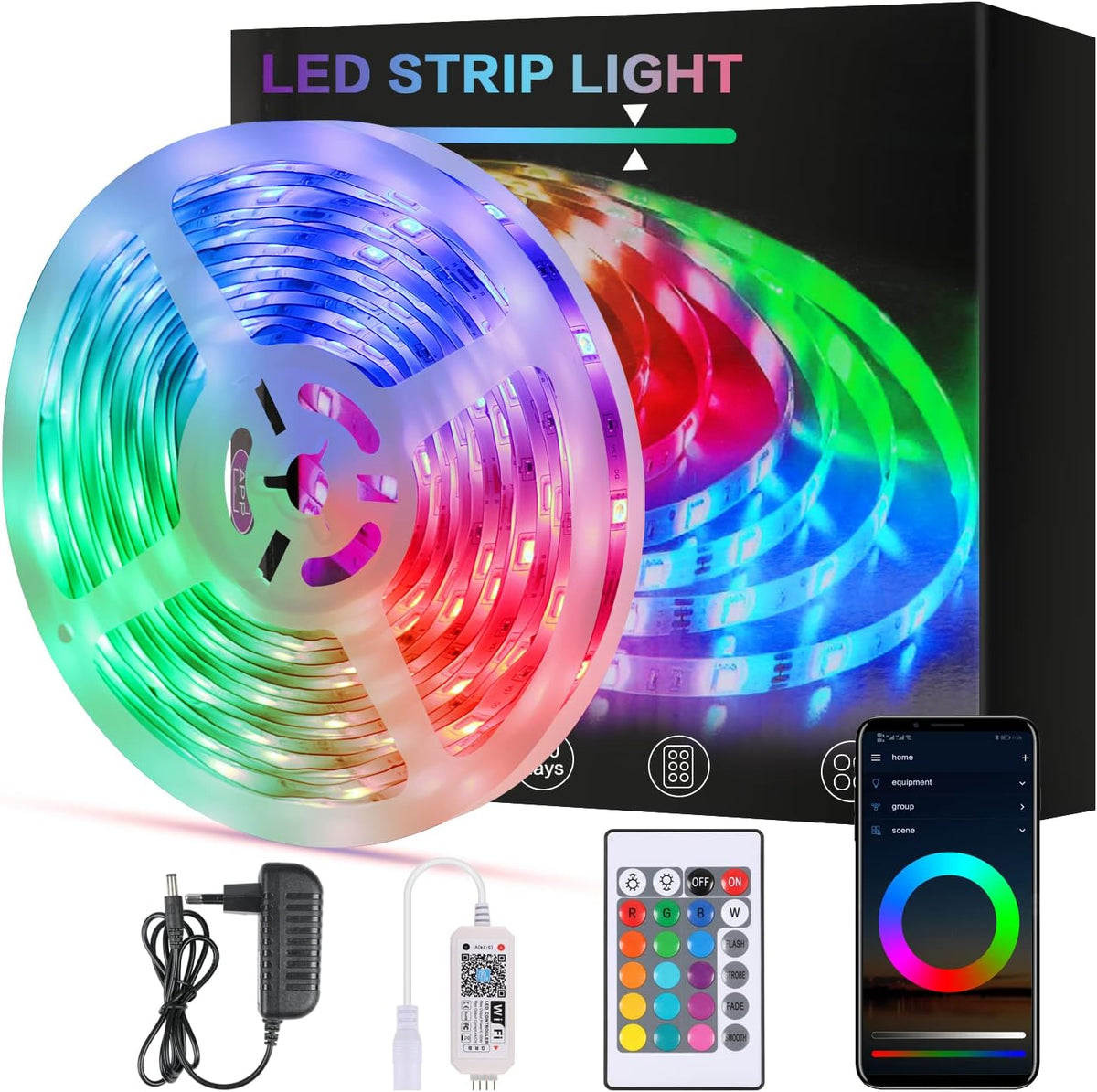 Striscia LED WiFi intelligente 5m Controllo app 5050 RGB, Striscia luminosa flessibile multicolore impermeabile IP65 con telecomando per cucina domestica Televisione Camera da letto Decorazione festiva per feste 