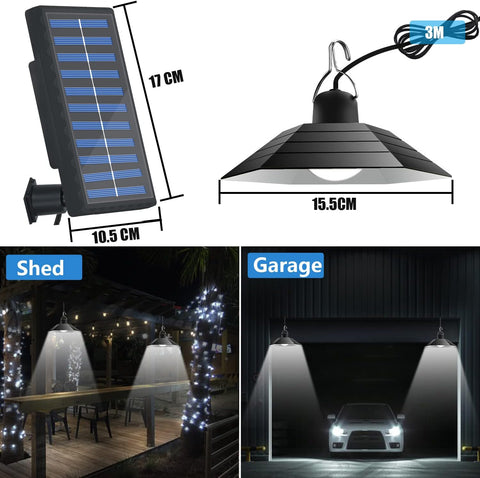 Lampada solare per interni ed esterni, lampadario solare dimmerabile con 2 lampade, 3 luminosità, impermeabile, sospensione telecomandata per giardino, garage, balcone, corridoio