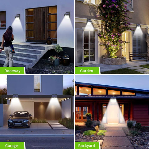 Lampada da parete solare da esterno 288 LED con sensore di movimento, 2 pezzi, bianco freddo 6000K, per cortile, giardino, corridoio, terrazza, vicino al muro, patio, villa