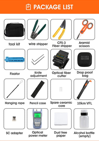 Strumenti per fibra FTTH da 16 pezzi/kit con fotometro per fibra ottica, mannaia per fibra ottica AUA-60S, localizzatore visivo di guasti da 10 km