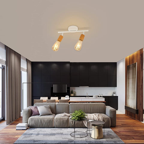 Plafoniera LED 2 Faretti Orientabili, Plafoniera LED Bianca Legno, Illuminazione da Soffitto per Interni per Cucina, Soggiorno, Camera da Letto, Corridoio, Senza Lampadine, Max 60W
