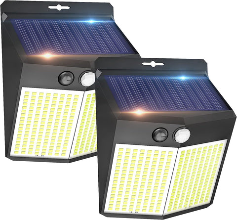 Lampada da parete solare da esterno 288 LED con sensore di movimento, 2 pezzi, bianco freddo 6000K, per cortile, giardino, corridoio, terrazza, vicino al muro, patio, villa